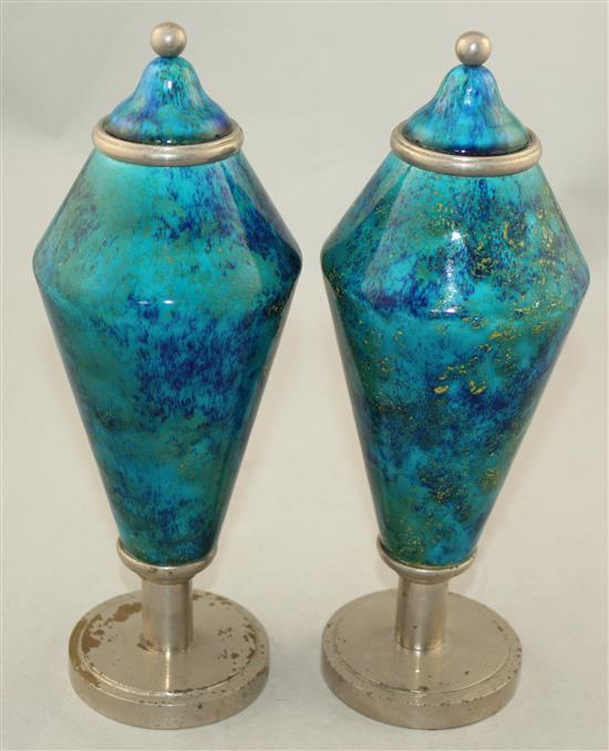 A pair of Paul Milet Sevres Art Deco pottery and chrome electroplate mounted vases and integral covers, c.1930, 25cm.